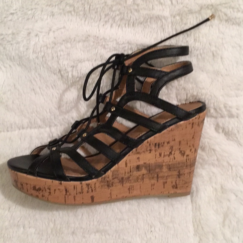 Black Lace-Up Cork Wedges